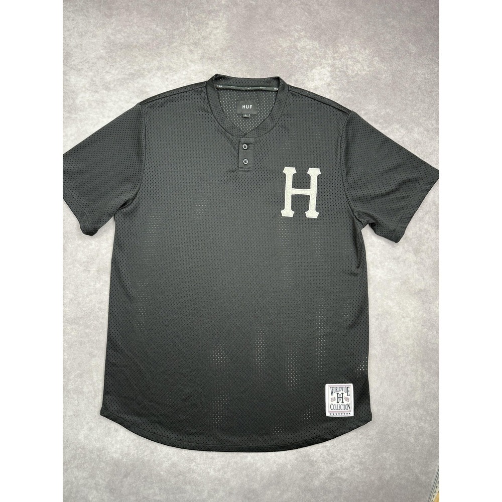 HUF Mesh Baseball Jersey Shirt Mens Large‎ Black Worldwide Collection Athletic